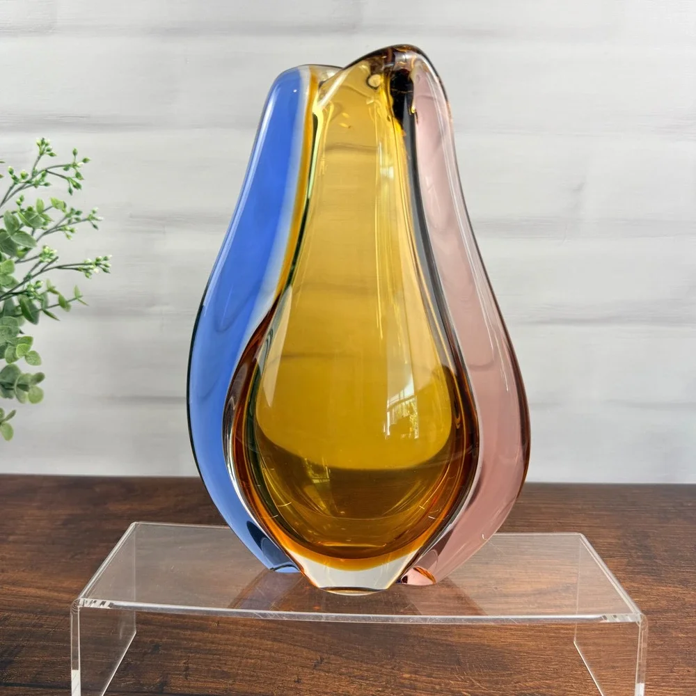 Mstisov Czech Art Glass Vase 1960s Amber Blue Pink MCM Hana Machovska MCM 9